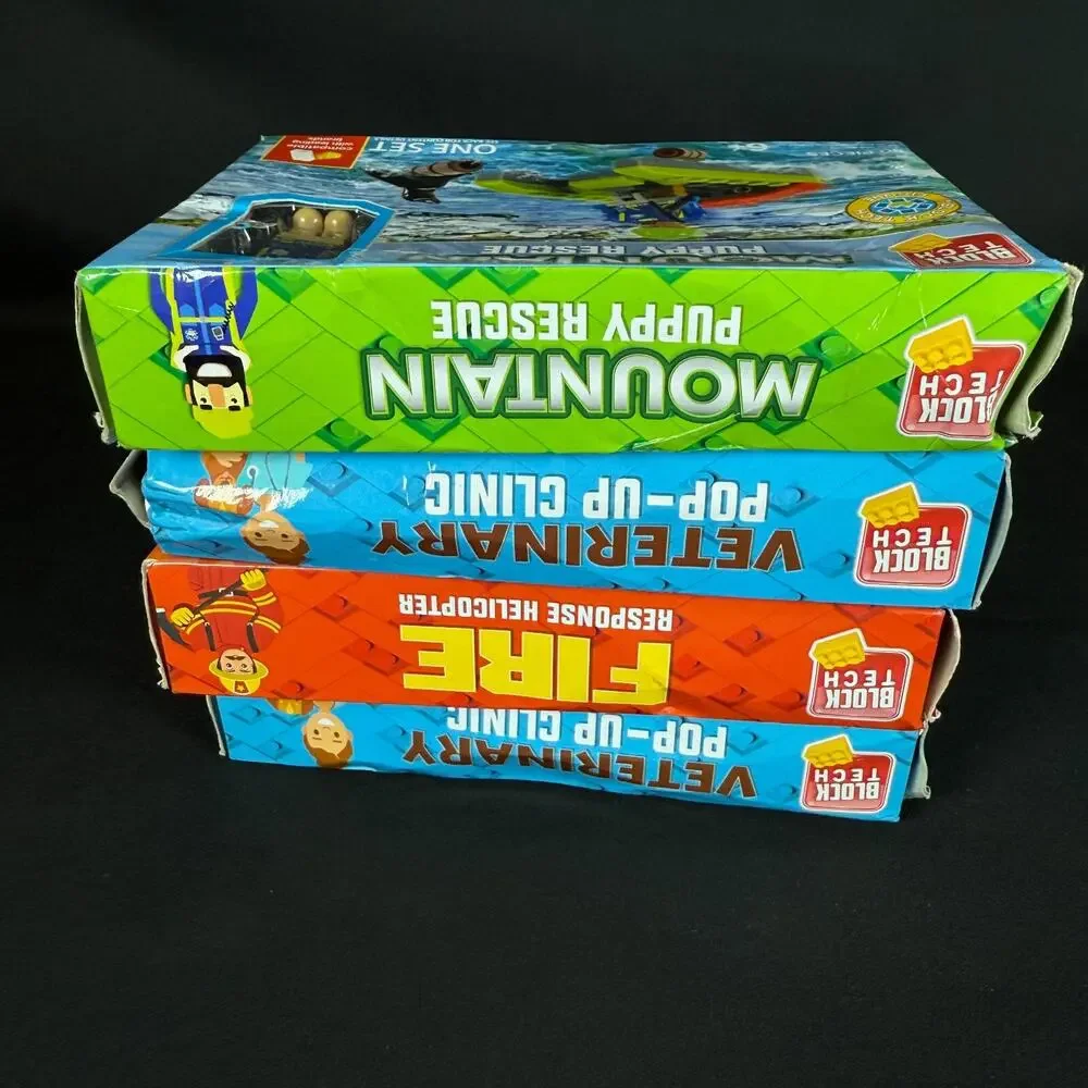 Set of 4 Block Tech Building Fire Helicopter, Mountain Rescue, Veterinar NEW